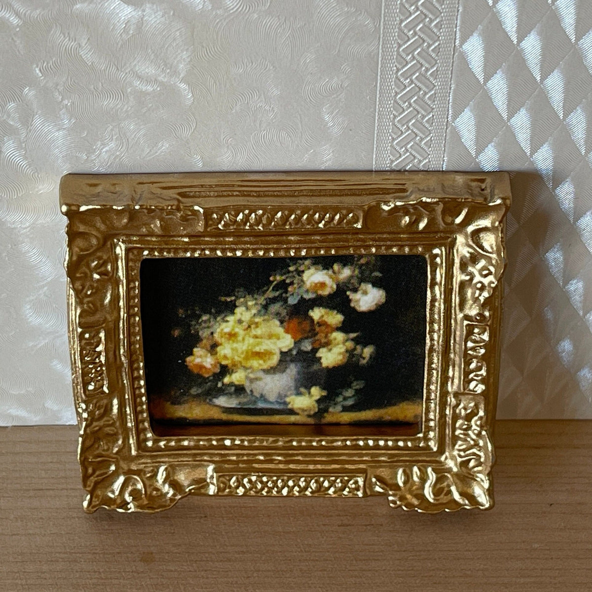 1:12 Scale Miniature Flower Painting in Ornate Frame, 2-3/8 inch wide, DIY Dollhouse Supply (gold)