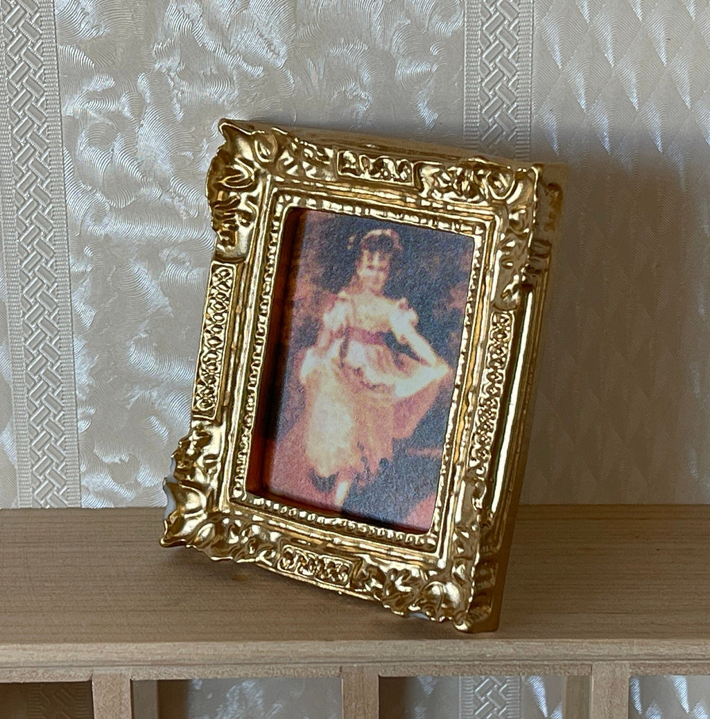 1:12 Scale Miniature Portrait of a Young Girl in Ornate Gold Frame, 2-3/8 inch tall, DIY Dollhouse Supply