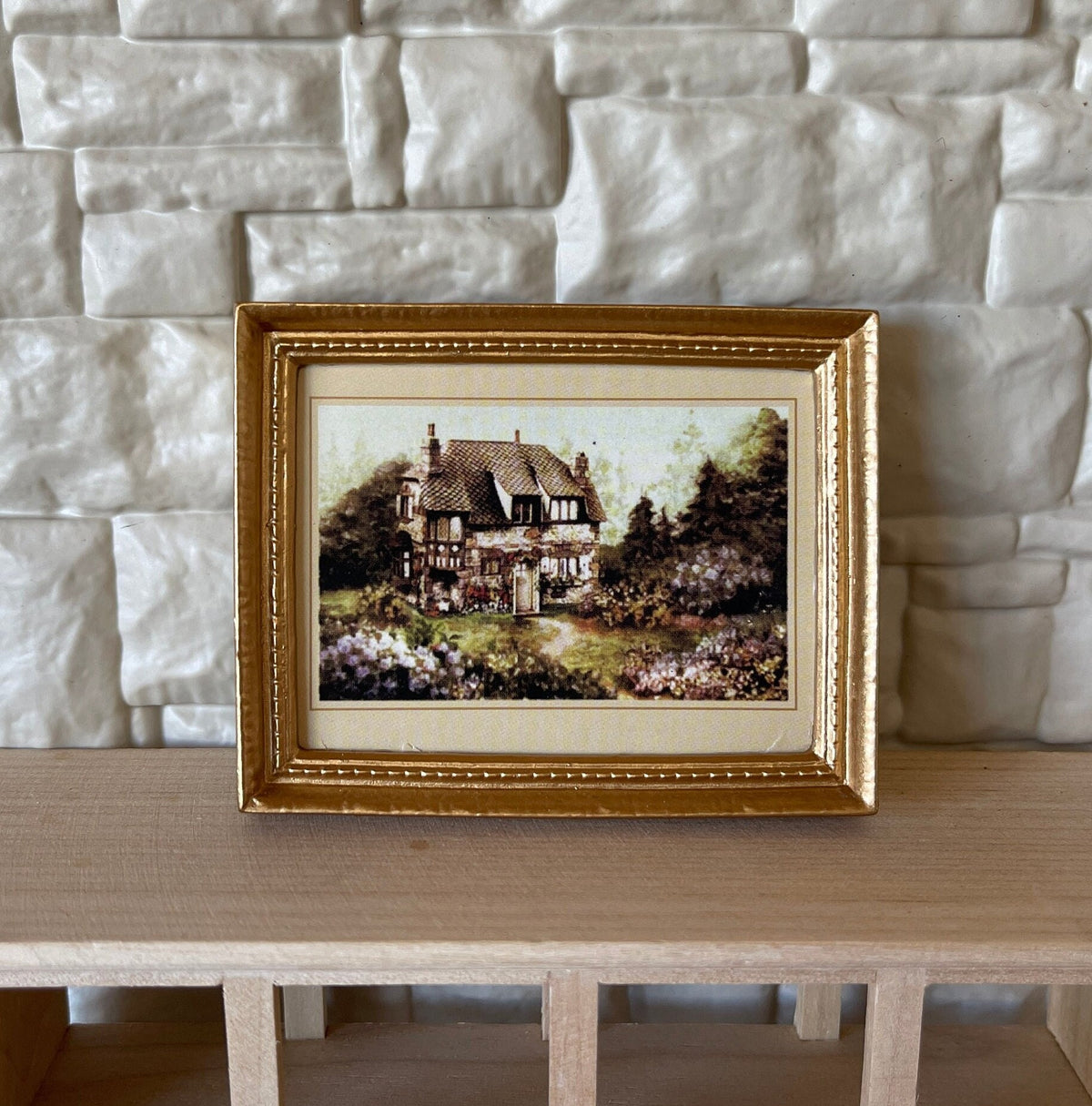 1:12 Scale Miniature Cottage Garden Painting in Ornate Frame, 2-13/16 inch wide, DIY Dollhouse Supply (gold)