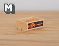 1:12 scale miniature wood fruit crate with a printed fruit label, open top, shown on a wood surface