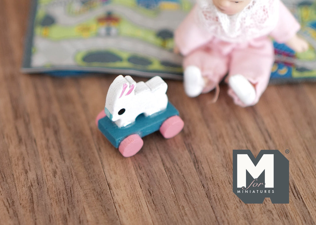 1:12 Scale Miniature Rabbit Pull Toy with Fixed Wheels, 7/8 inch tall, DIY Dollhouse Supply