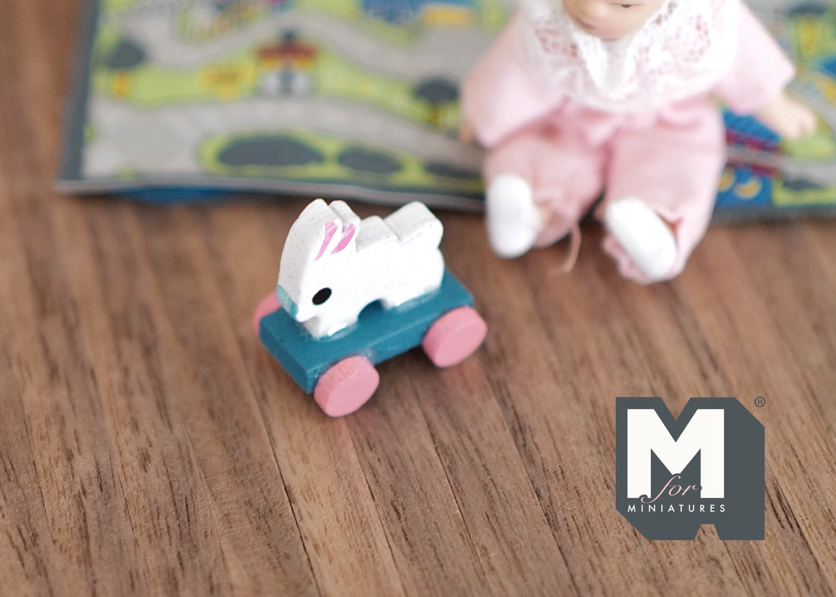 1:12 Scale Miniature Rabbit Pull Toy with Fixed Wheels, 7/8 inch tall, DIY Dollhouse Supply