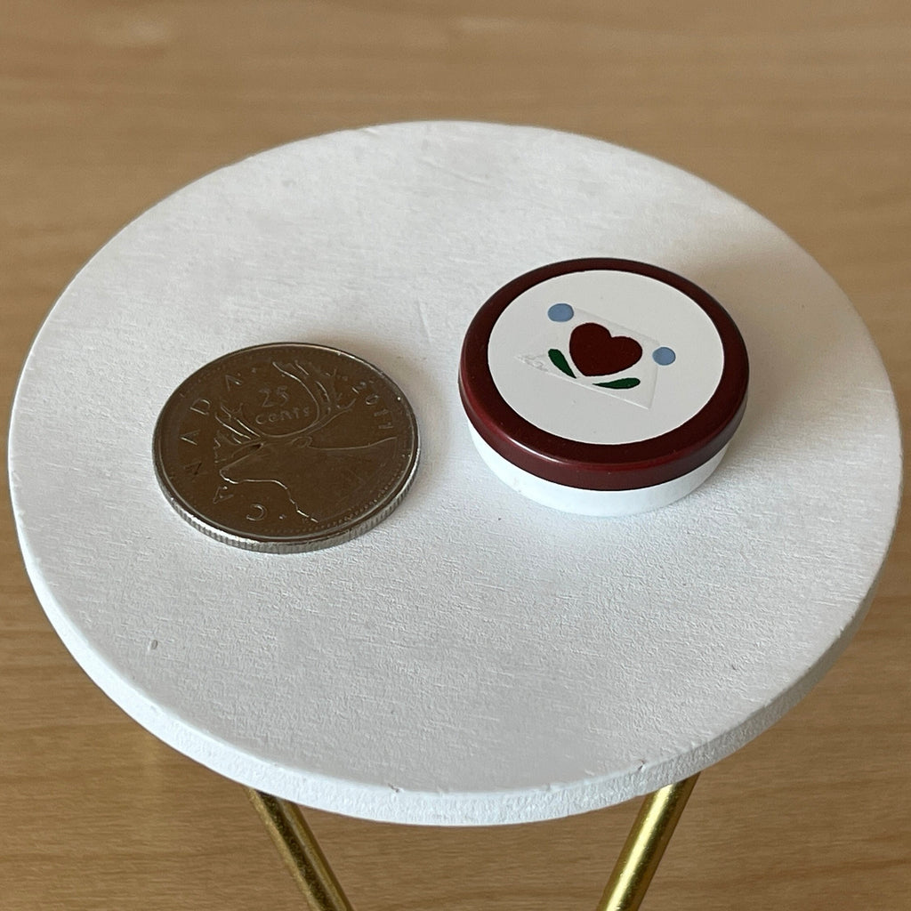 1:12 Scale Miniature Metal Round Tin with Heart Lid, 1 inch dia., DIY Dollhouse Supply (red and white)