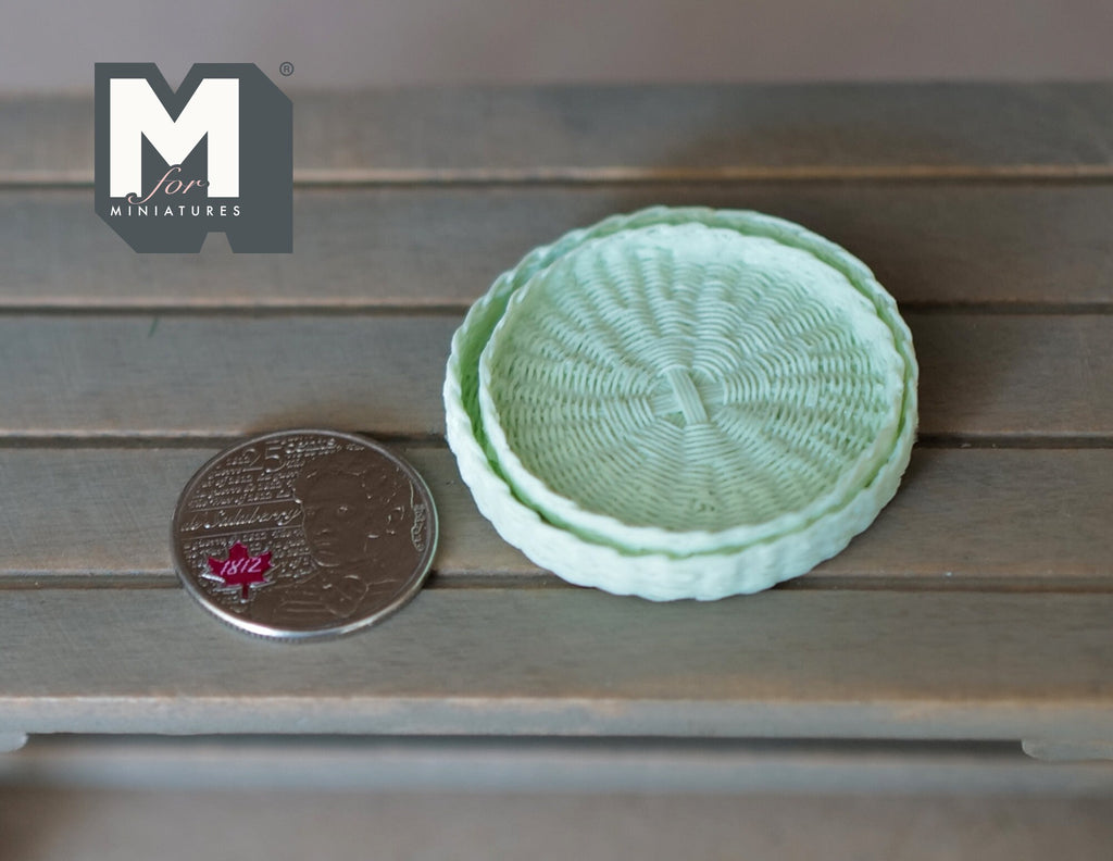 1:12 Scale Miniature Woven Look Round Trays, Set of 2, 1-5/8 inch dia., DIY Dollhouse Supply (light green)