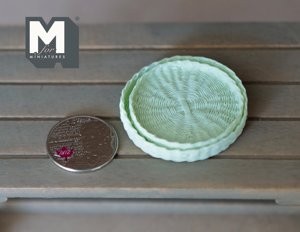 1:12 Scale Miniature Woven Look Round Trays, Set of 2, 1-5/8 inch dia., DIY Dollhouse Supply (light green)