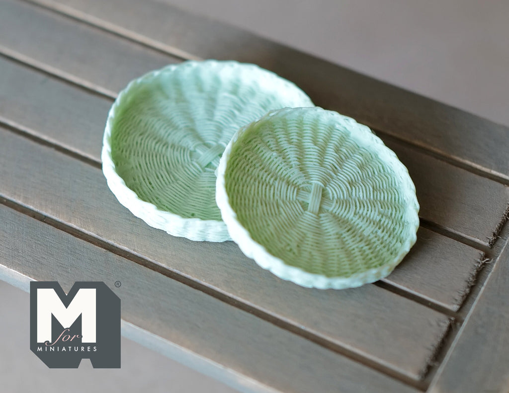 1:12 Scale Miniature Woven Look Round Trays, Set of 2, 1-5/8 inch dia., DIY Dollhouse Supply (light green)