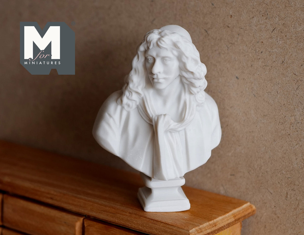 1:12 Scale Miniature Baroque Bust Sculpture, Curly Wig, 2-3/4 inch tall, DIY Dollhouse Supply (white)
