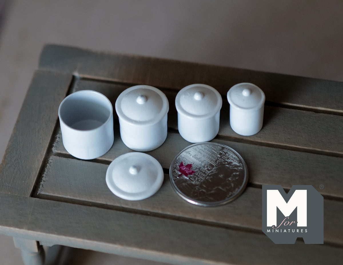 1:12 Scale Miniature Kitchen Canisters with Lids, Set of 4, 9/16 to 11/16 inch tall, DIY Dollhouse Supply (white)