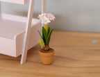 1:12 scale miniature potted pale pink flowers on a tall stem in clay pot, shown beside a pink plant stand