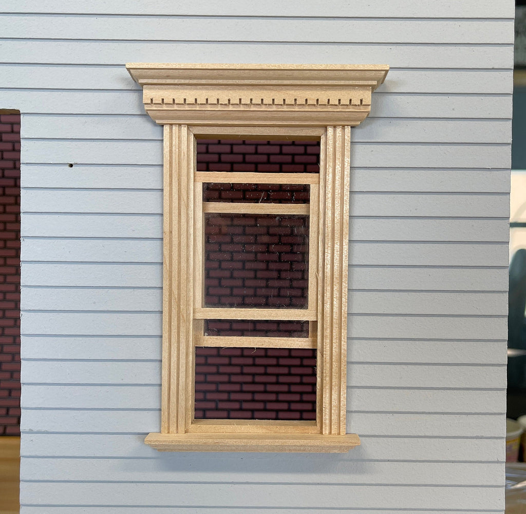 1:12 Scale Miniature Double Hung Window with Dentil Pediment and Back Trim, 5-11/16 inch high Dollhouse Supply