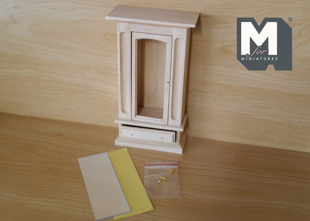 1:12 Scale Miniature Unpainted Wood Cabinet with Mirror Door and Drawers, 6-11/16 inch tall, DIY Dollhouse Supply