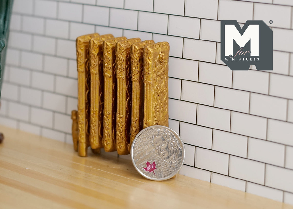 1:12 Scale Miniature Antique Style Column Radiator with Feet, 2-3/4 inch long, DIY Dollhouse Supply (gold)