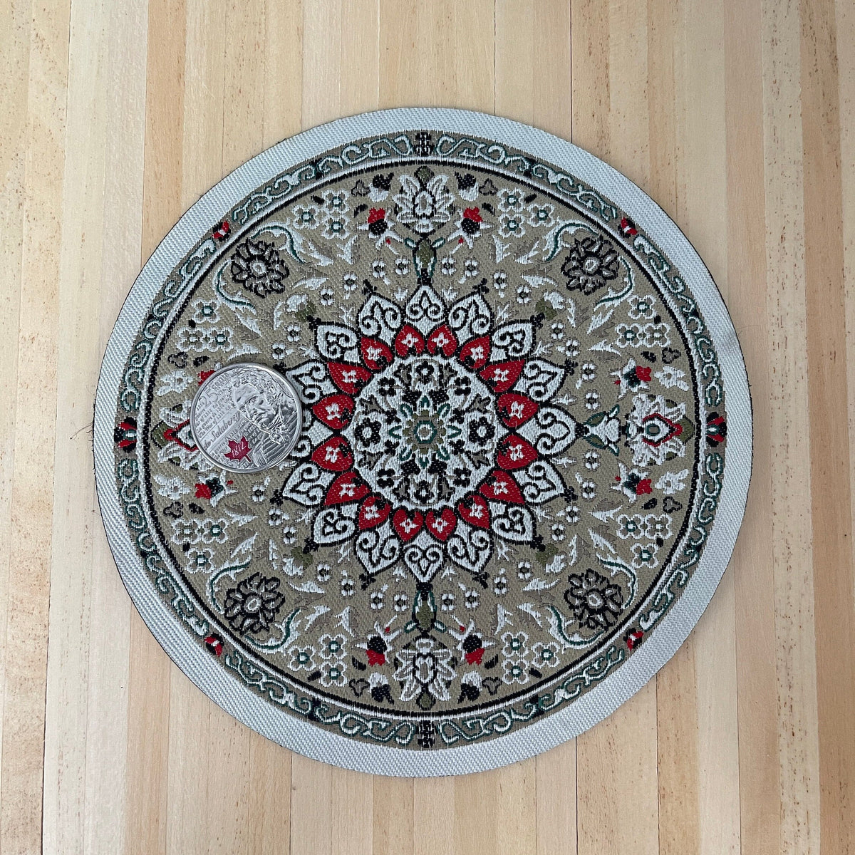1:12 Scale Miniature Round Area Rug with Medallion and Border, 5-7/16 inch dia., DIY Dollhouse Supply (gray and red)