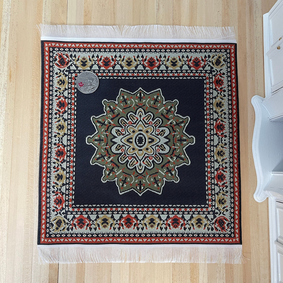 1:12 Scale Miniature Square Area Rug with Medallion and Fringe, 7-7/8 inch square, DIY Dollhouse Supply (navy)