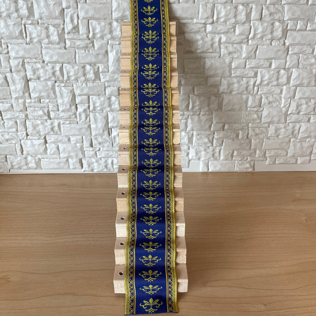 1:12 Scale Miniature Fabric Stair Runner, Fleur de Lis Pattern, 19-5/16 inch long, DIY Dollhouse Supply (blue and gold)
