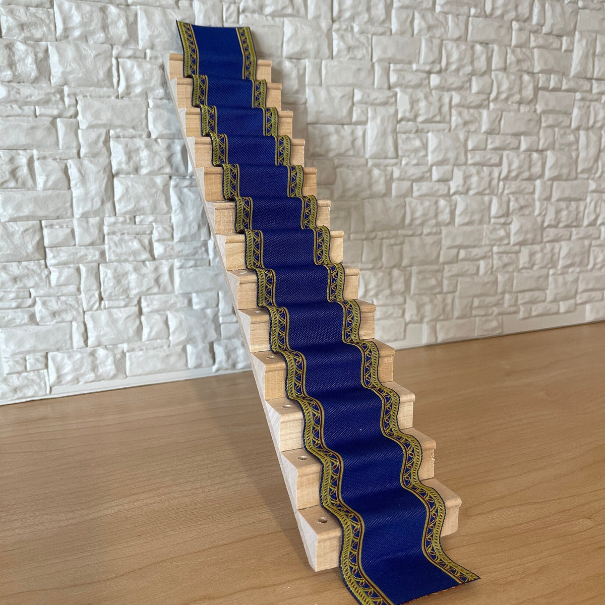 1:12 Scale Miniature Fabric Stair Runner with Patterned Border, 19-5/16 inch long, DIY Dollhouse Supply (blue)