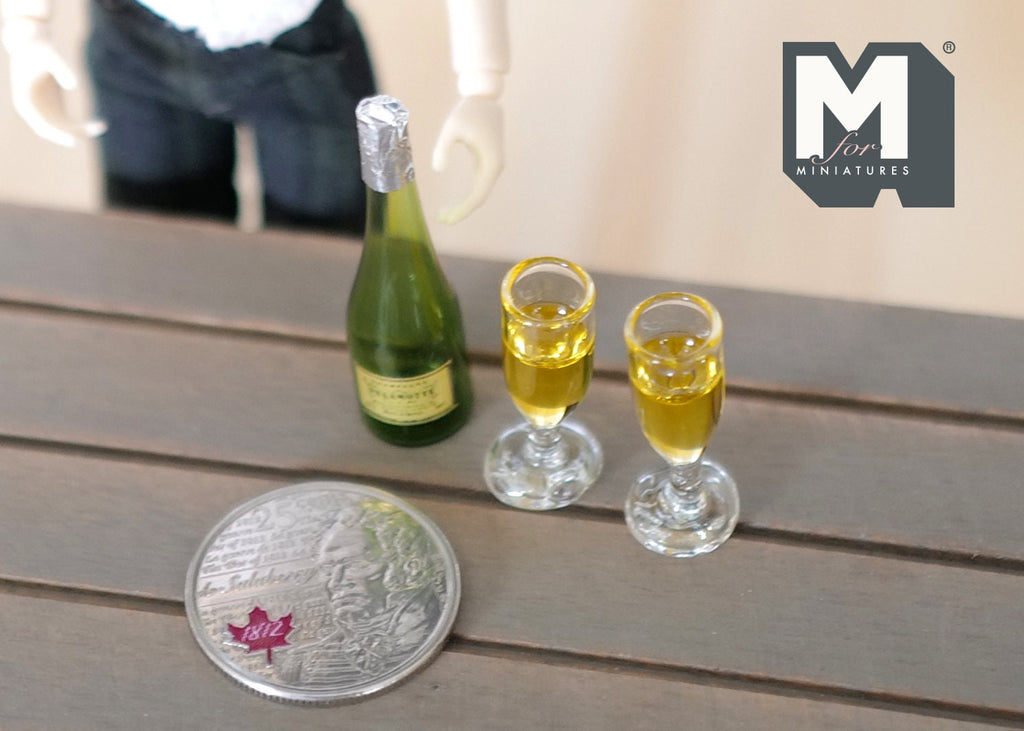 1:12 Scale Miniature Sparkling Wine Bottle and 2 Flute Glasses, Set of 3, 1-1/2 inch tall, DIY Dollhouse Supply (glass)