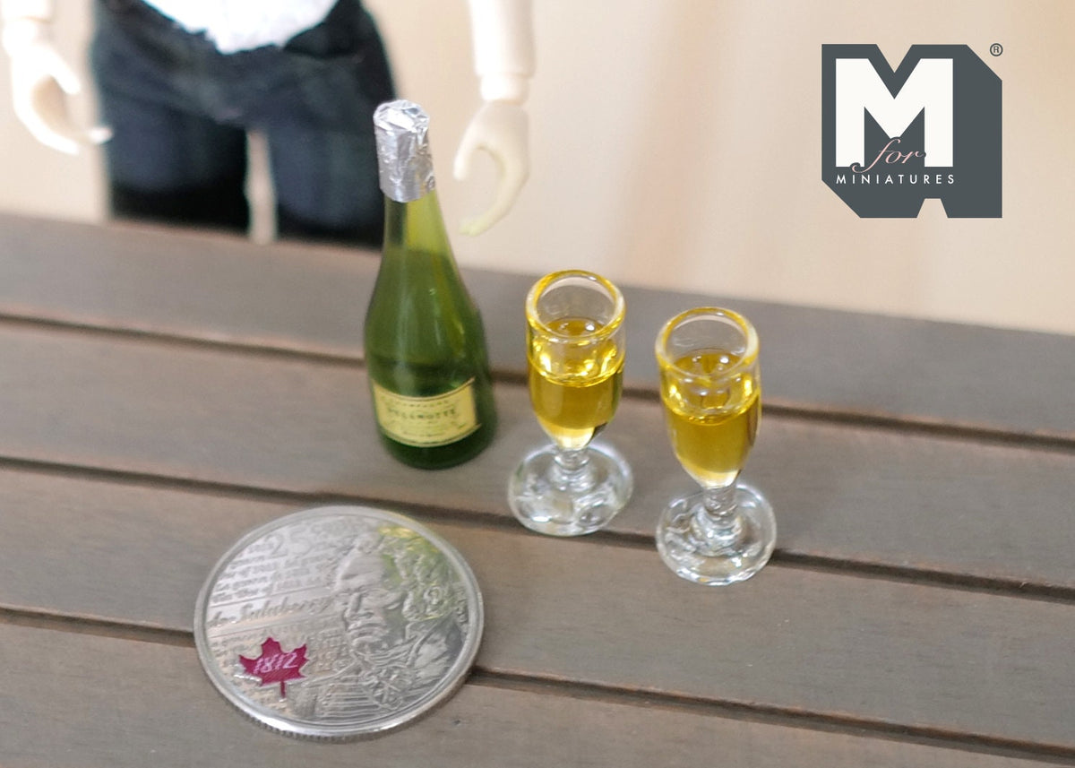 1:12 Scale Miniature Sparkling Wine Bottle and 2 Flute Glasses, Set of 3, 1-1/2 inch tall, DIY Dollhouse Supply (glass)