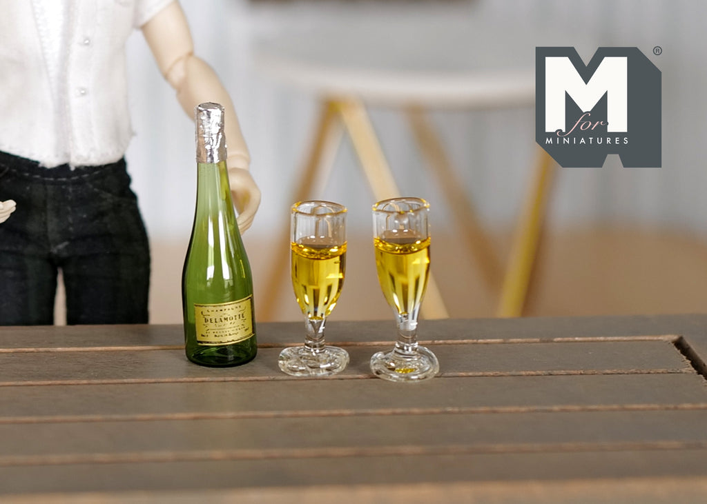 1:12 Scale Miniature Sparkling Wine Bottle and 2 Flute Glasses, Set of 3, 1-1/2 inch tall, DIY Dollhouse Supply (glass)
