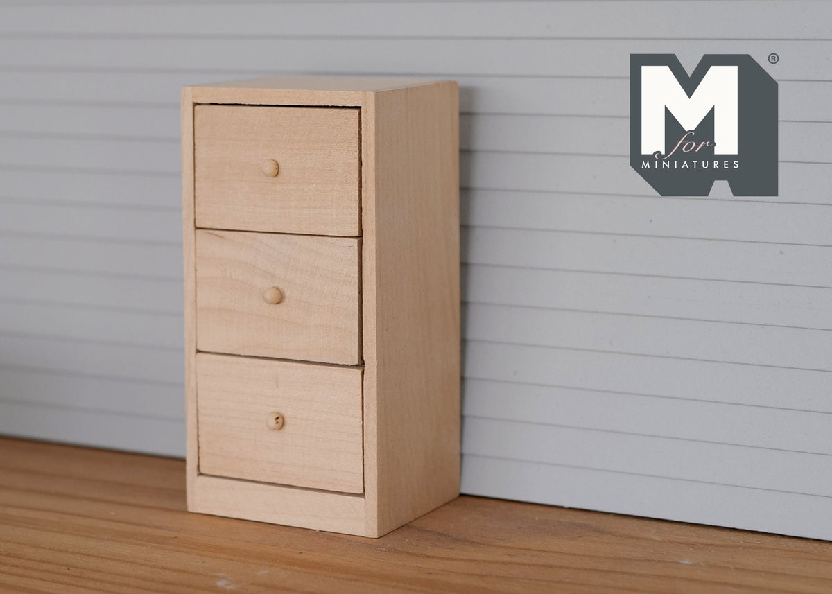 1:12 Scale Miniature Unpainted Wood Tall Chest of Drawers, 3 Drawers, 4-1/8 inch tall, DIY Dollhouse Supply