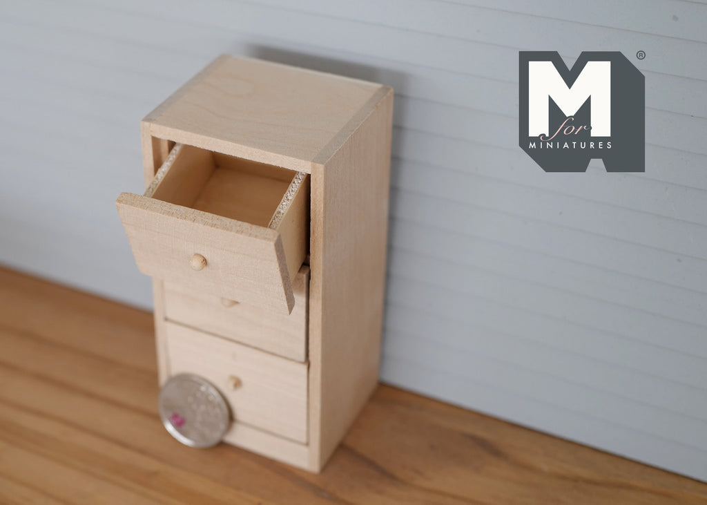 1:12 Scale Miniature Unpainted Wood Tall Chest of Drawers, 3 Drawers, 4-1/8 inch tall, DIY Dollhouse Supply