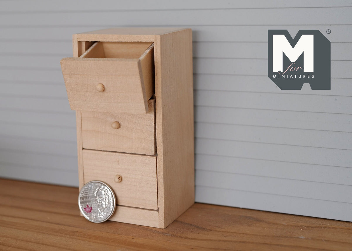 1:12 Scale Miniature Unpainted Wood Tall Chest of Drawers, 3 Drawers, 4-1/8 inch tall, DIY Dollhouse Supply
