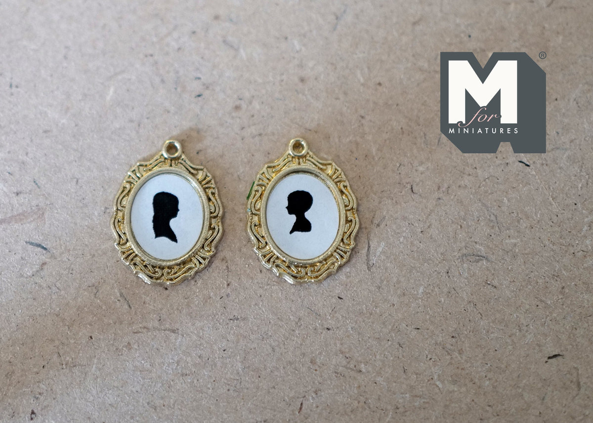 1:12 Scale Miniature Silhouette Portraits in Oval Gold Frames, Set of 2, 13/16 inch tall, DIY Dollhouse Supply