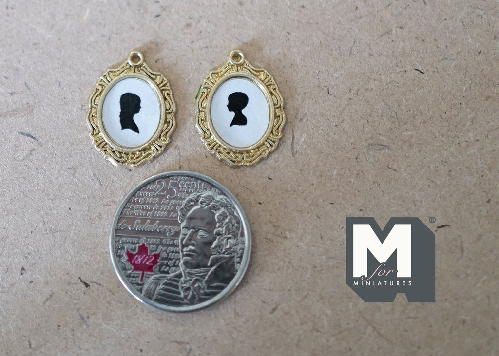 1:12 Scale Miniature Silhouette Portraits in Oval Gold Frames, Set of 2, 13/16 inch tall, DIY Dollhouse Supply