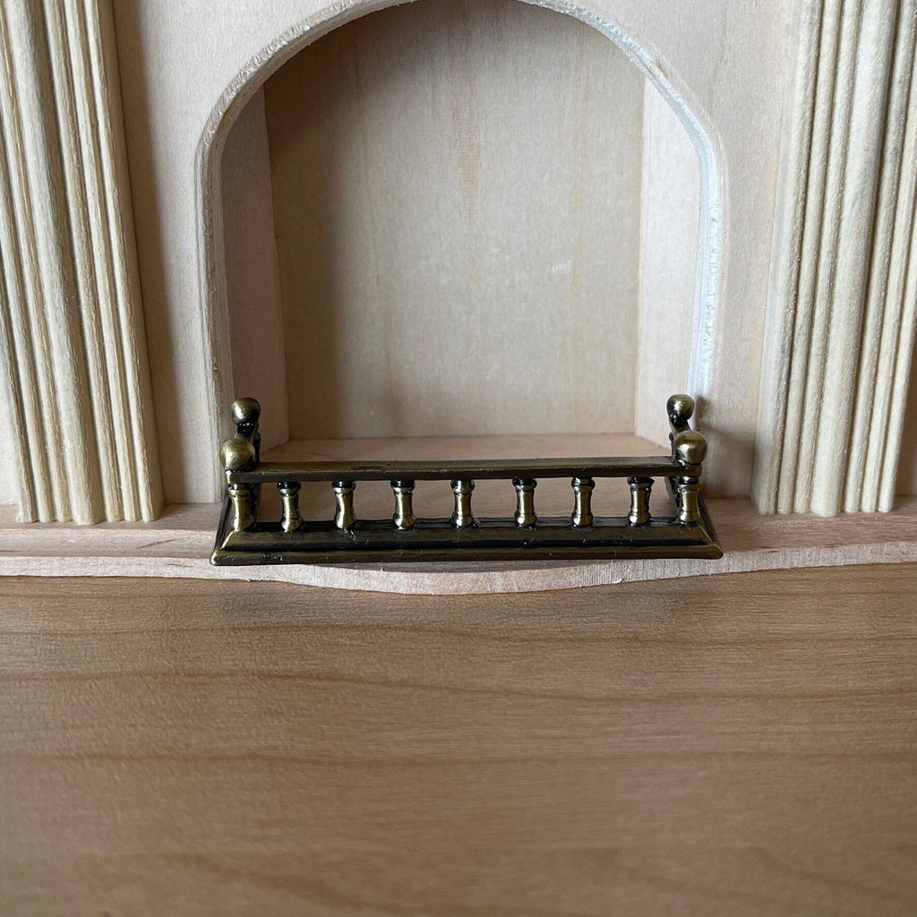 1:12 Scale Miniature Metal Fireplace Fender with Spindle Rail, 2-5/16 inch wide, DIY Dollhouse Supply (antique brass)