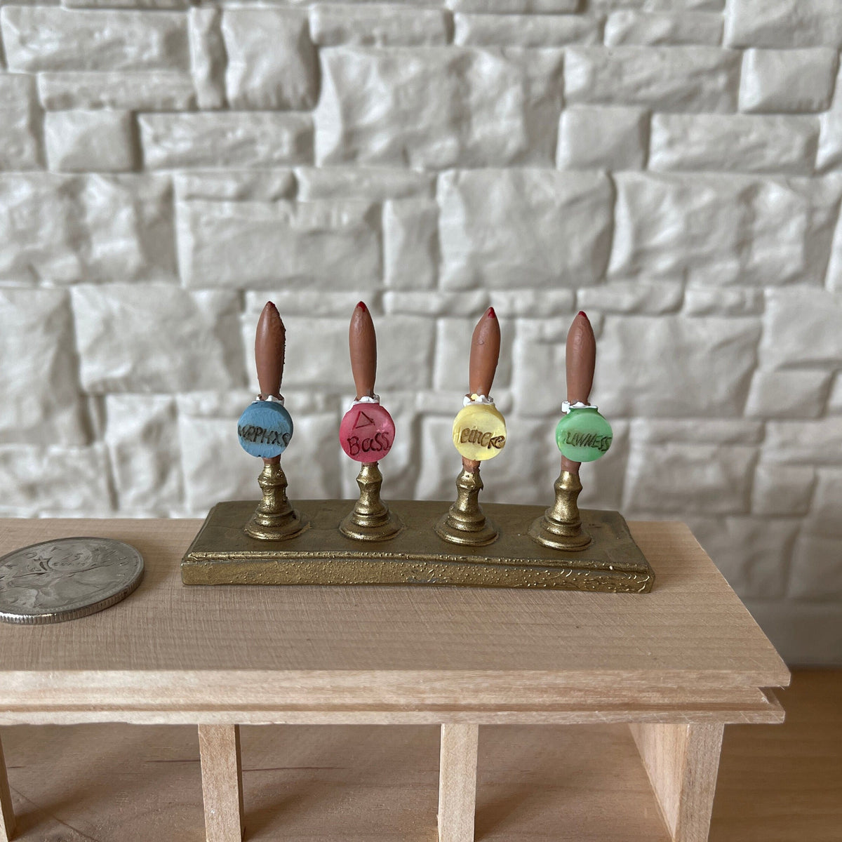 1:12 Scale Miniature Beer Tap Tower, 4 Pump Handles, 2-11/16 inch wide, DIY Dollhouse Supply (brass)