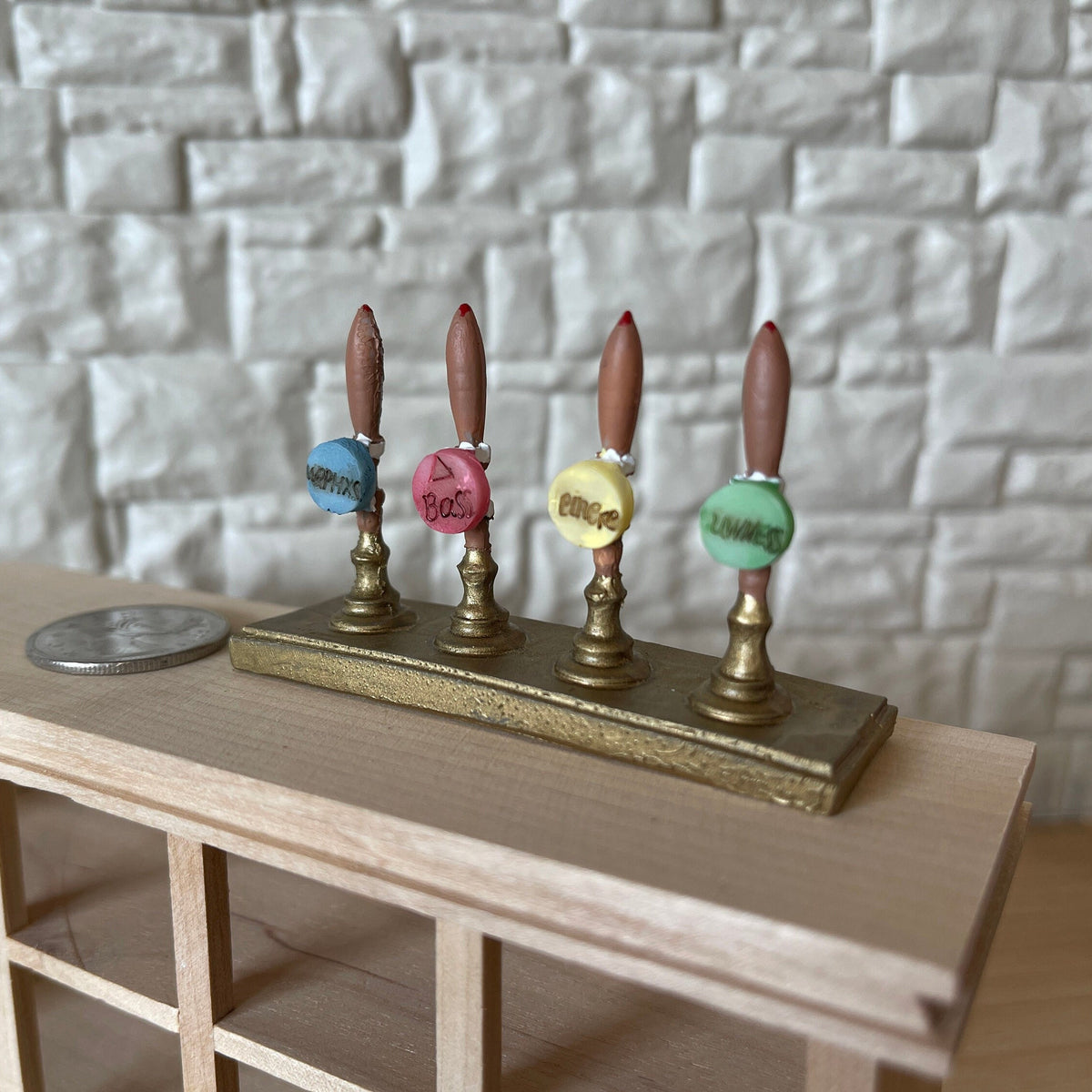 1:12 Scale Miniature Beer Tap Tower, 4 Pump Handles, 2-11/16 inch wide, DIY Dollhouse Supply (brass)