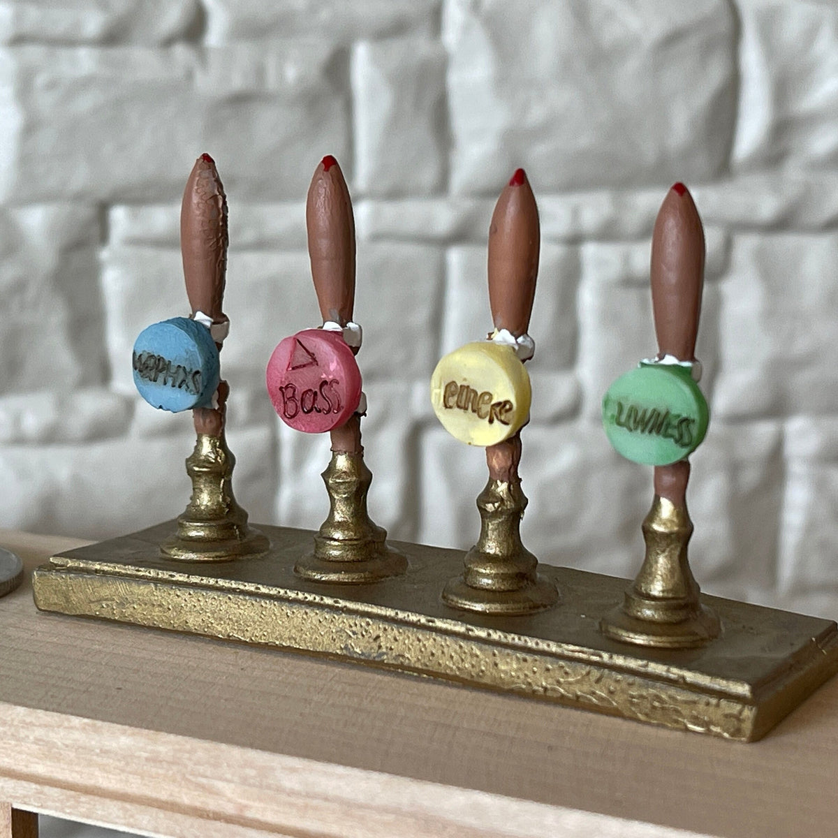 1:12 Scale Miniature Beer Tap Tower, 4 Pump Handles, 2-11/16 inch wide, DIY Dollhouse Supply (brass)