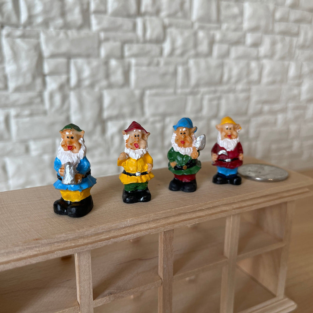 1:12 Scale Miniature Garden Gnome Figurines, Pointy Hats, Set of 4, 1-3/16 inch tall, DIY Dollhouse Supply