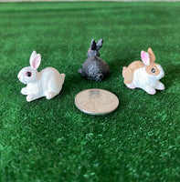 1:12 Miniature Bunnies Set of 3 , Miniature Rabbits , Miniature Hare , White Bunny , Black Bunny , Brown Bunny - (style D) - C053