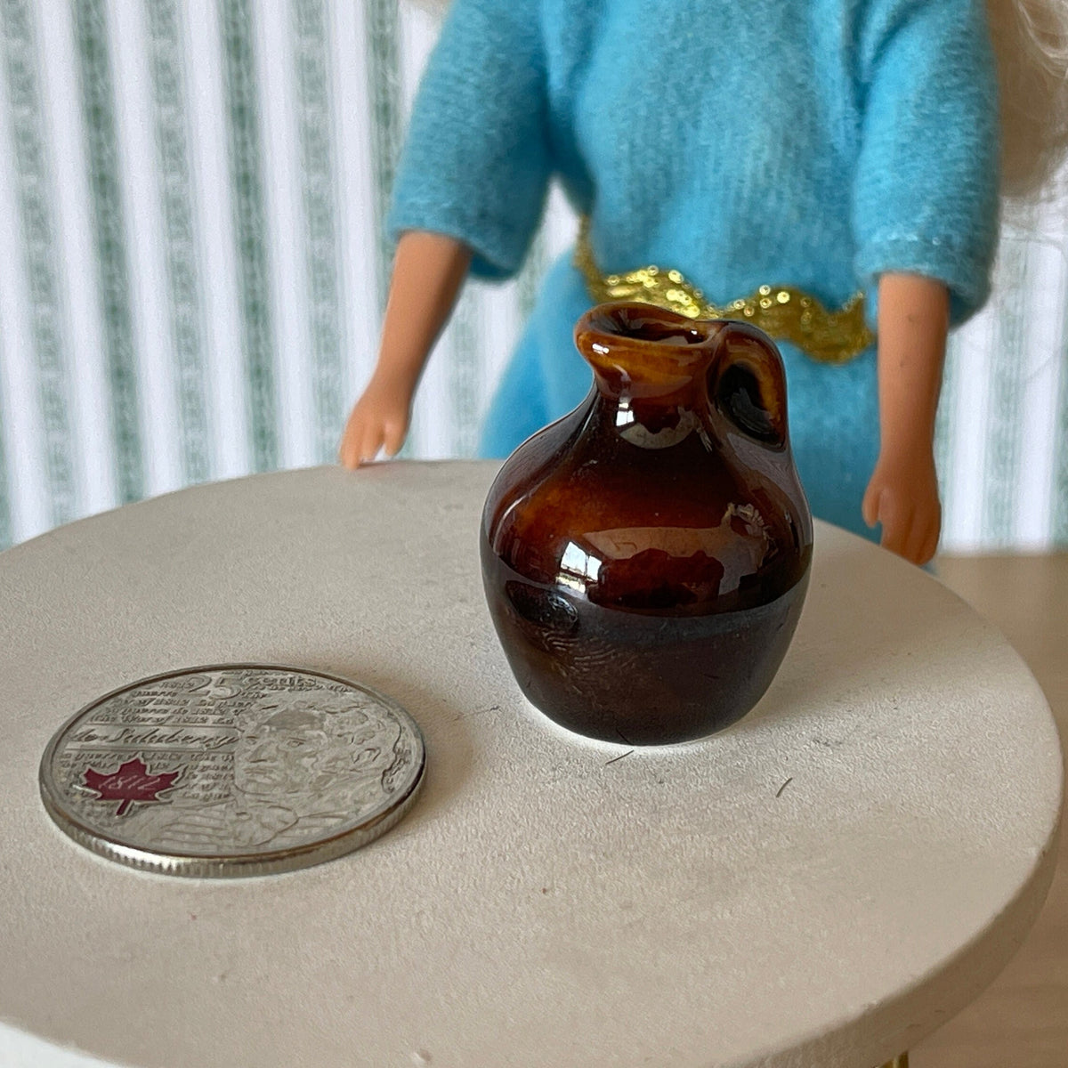 1:12 Scale Miniature Glazed Ceramic Jug with Handle, 1 inch tall, DIY Dollhouse Supply (dark brown)