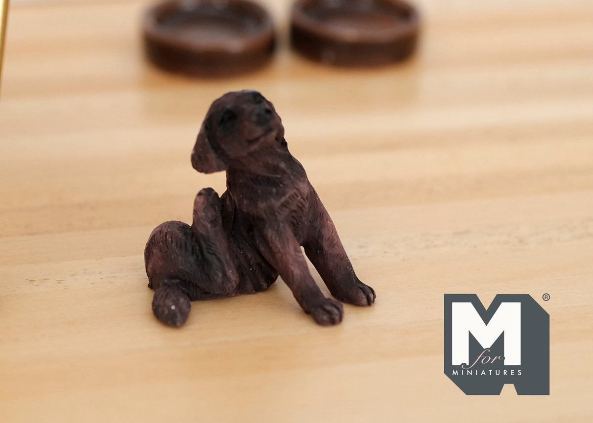 1:12 Scale Miniature Sitting Puppy Figurine, 1-1/8 inch tall, DIY Dollhouse Supply (dark brown)
