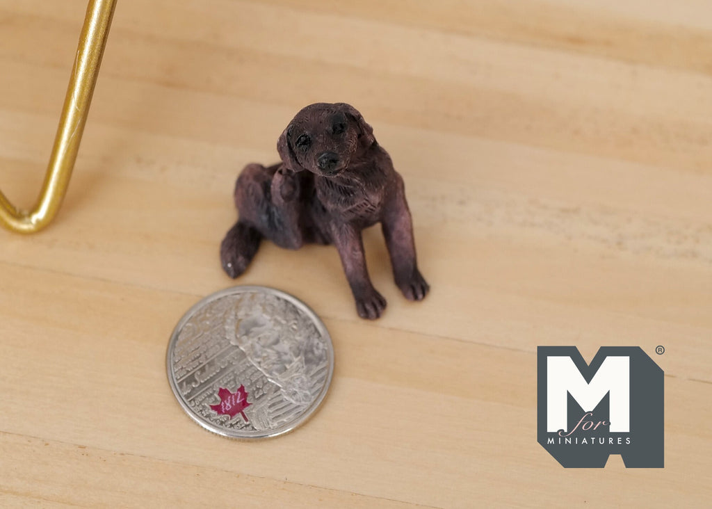 1:12 Scale Miniature Sitting Puppy Figurine, 1-1/8 inch tall, DIY Dollhouse Supply (dark brown)