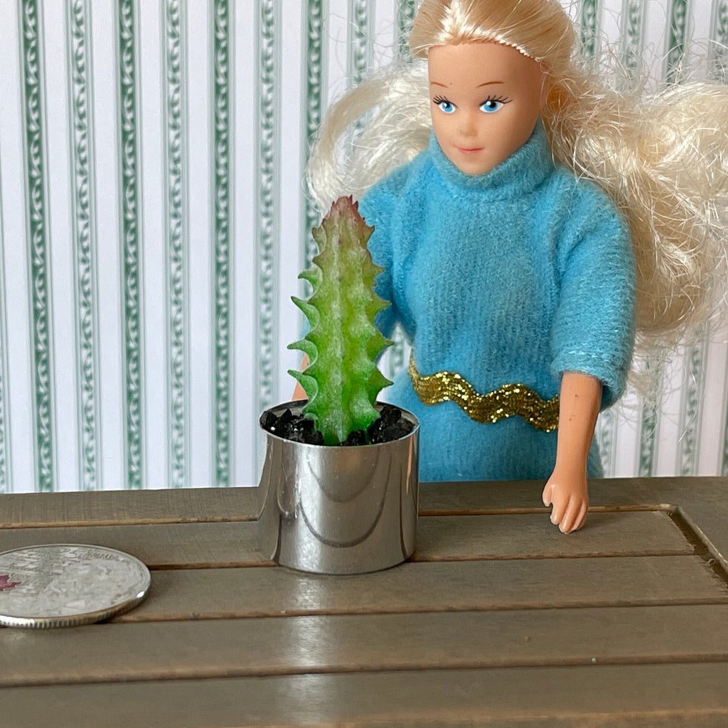 1:12 Miniature Cactus in Round Metal Pot Dollhouse Supplies Garden Flowers and Leaves (Tall) - B057