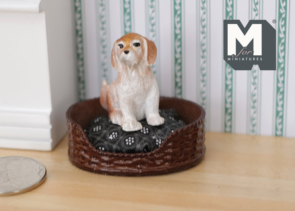 1:12 Scale Miniature Wicker Style Pet Bed with Cushion, 1-3/4 inch long, DIY Dollhouse Supply (brown)