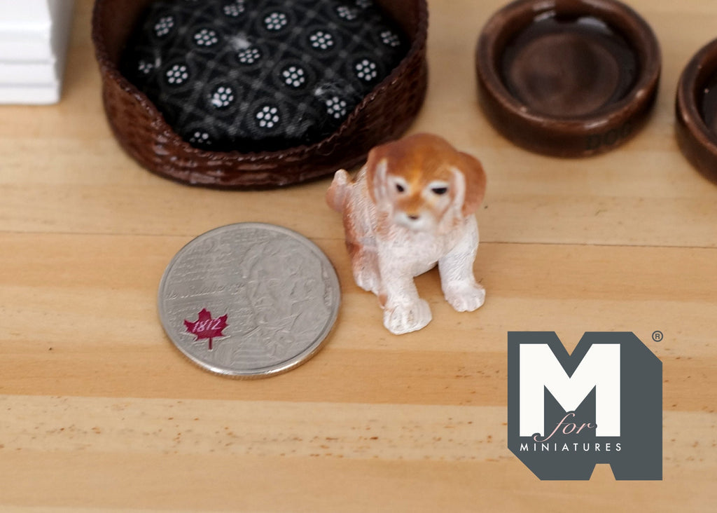 1:12 Scale Miniature Sitting Puppy Figurine, 1-3/16 inch tall, DIY Dollhouse Supply (brown and white)