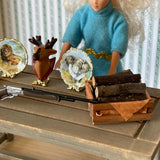 1:12 Dollhouse Supplies Miniature Decoration Set of 5 , Fire Logs and Crate , Hunting Rifle, Deer Head, Animal Plate, Elephant Plate - F044
