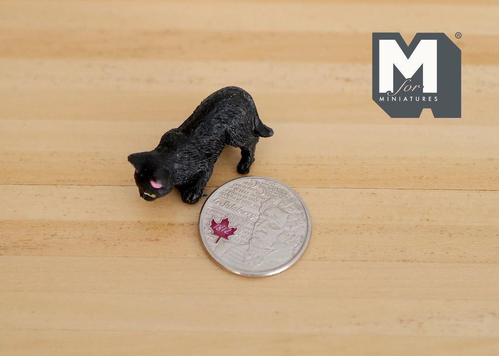 1:12 Scale Miniature Playful Crouching Kitten, 1-3/16 inch long, DIY Dollhouse Supply (black)