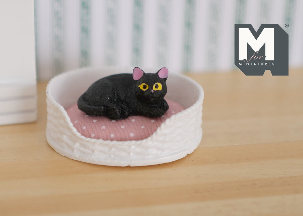1:12 Scale Miniature Lying Cat with Green Eyes, 1-3/16 inch long, DIY Dollhouse Supply (black)