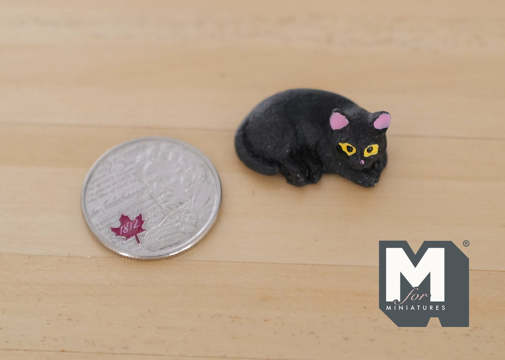 1:12 Scale Miniature Lying Cat with Green Eyes, 1-3/16 inch long, DIY Dollhouse Supply (black)