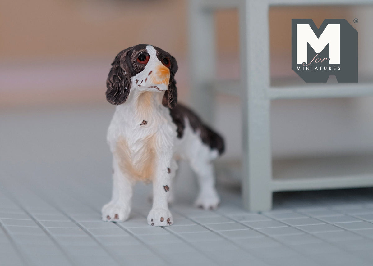 1:12 Scale Miniature Standing Springer Spaniel Dog, 1-3/4 inch long, DIY Dollhouse Supply (white and brown)