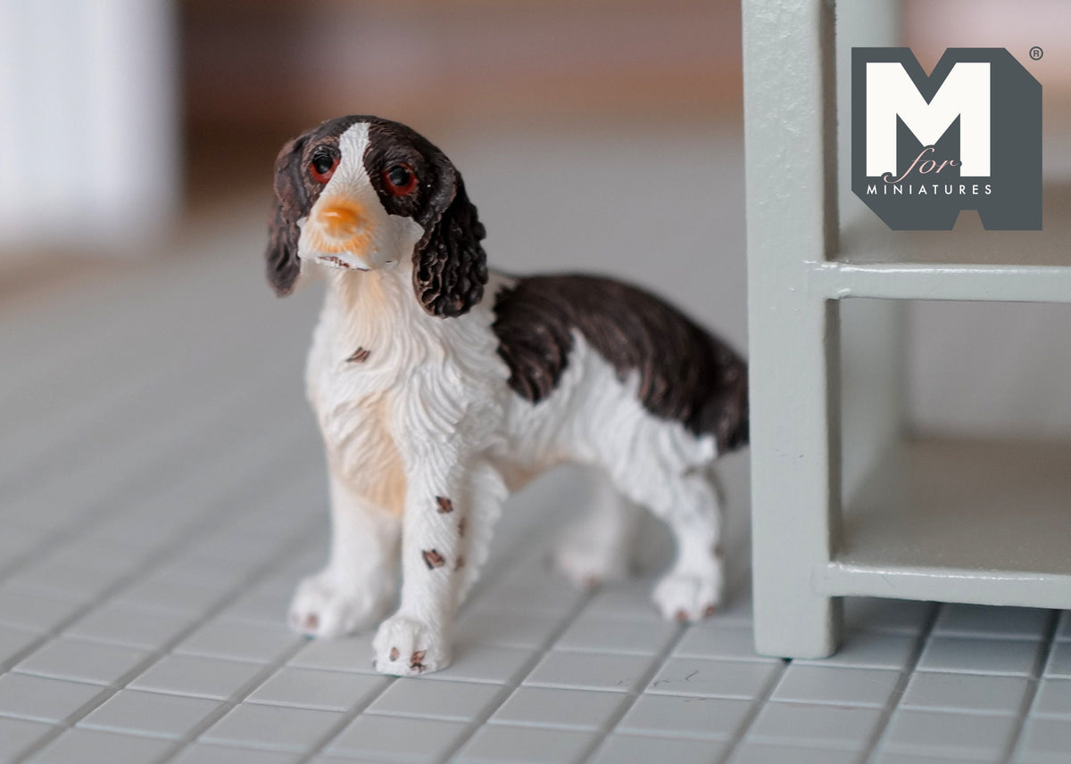 1:12 Scale Miniature Standing Springer Spaniel Dog, 1-3/4 inch long, DIY Dollhouse Supply (white and brown)