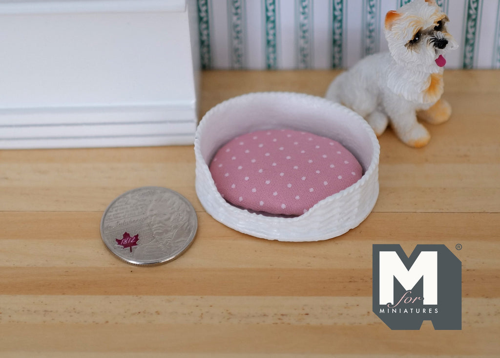 1:12 Scale Miniature Pet Bed with Cushion, 1-3/4 inch long, DIY Dollhouse Supply (white and pink)