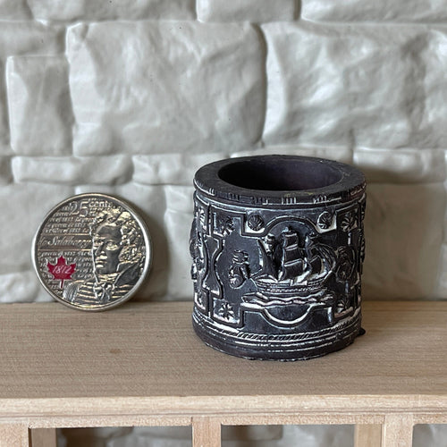 1:12 Scale Miniature Black Round Planter, White Sailing Ship Relief, 1-3/16 inch tall, DIY Dollhouse Supply (cast resin)