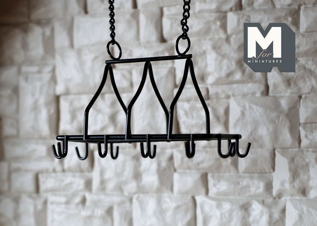 1:12 Scale Miniature Metal Ceiling Pot Rack with S Hooks and Chains, 3-3/4 inch long, DIY Dollhouse Supply (black)