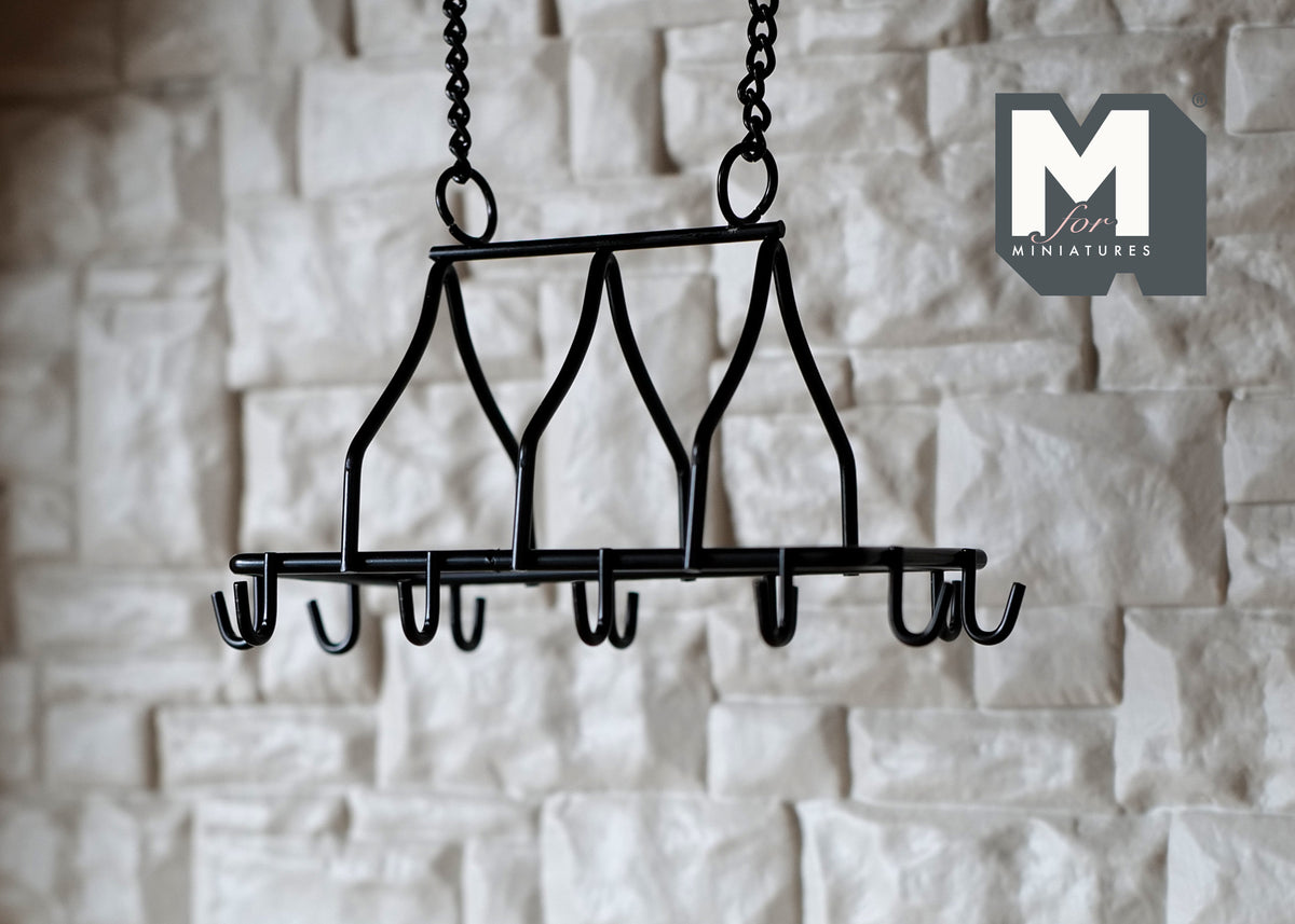 1:12 Scale Miniature Metal Ceiling Pot Rack with S Hooks and Chains, 3-3/4 inch long, DIY Dollhouse Supply (black)